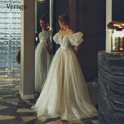Verngo Glitter A Line Wedding Dresses With Detachable Train Off Shoulder Short Sleeves Bride Party Gowns Princess Formal Dress