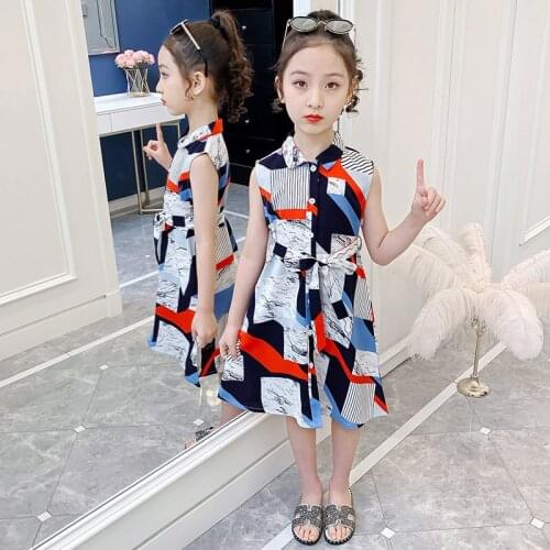 Dresses for Girls Clothes Sleeveless Shirts With Sashes Summer New Korean Style Slim Fit Turn Down Collar Childrens Costumes