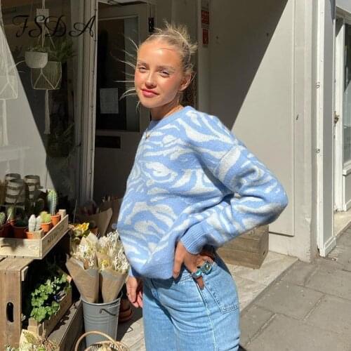 FSDA 2021 Autumn Winter Blue Casual Sweater Top O Neck Long Sleeve Oversized Knitted Pullover Y2K Loose Fashion Jumper