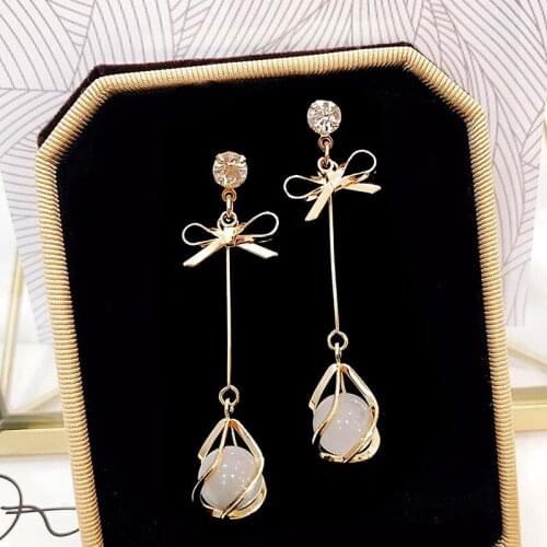 RUIYIS925 silver needle Korean bow cats eye Earrings simple personality trendy Earrings long temperament simple Earrings(E0492)