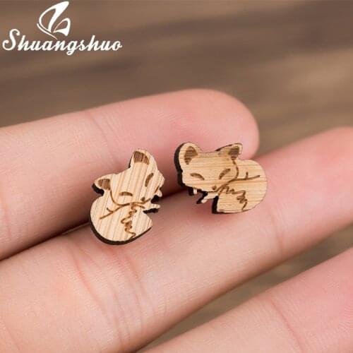 Shuangshuo Fox Animal Earrings Jewelry for Women and Girls Sleeping Fox Stud Earrings Wooden Accessories Alibaba Express Studs
