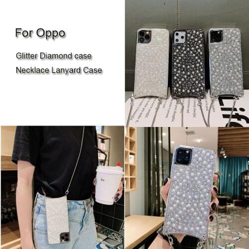 TPU Silicone Soft Glitter Pearl Bling Crystal Necklace Lanyard Diamond Crossbody Phone Case For Oppo R17 R15X/K1 R15 Case Cover