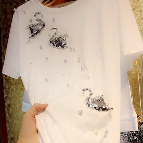 Heavy Craft Beaded Shiny Crystal Swan Cotton Loose T-shirt 2021 Women Fashion Clothing Short Sleeve Summer Tops for Women