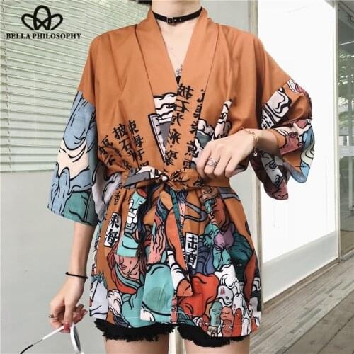 Japan style print vintage Harajuku Style Blouse Waves and Wind Dragon Shirts Japanese batwing sleeve kimono Vintage Top Wonder