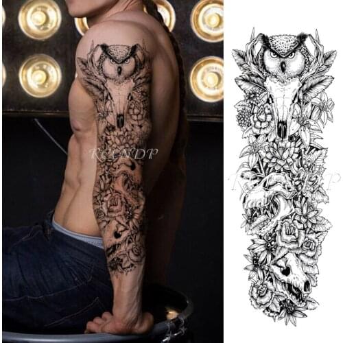 Waterproof Temporary Tattoo Sticker Owl Bird Skull Animal Flower Black Full Arm Fake Tatto Flash Sleeve Tatoo for Men Women