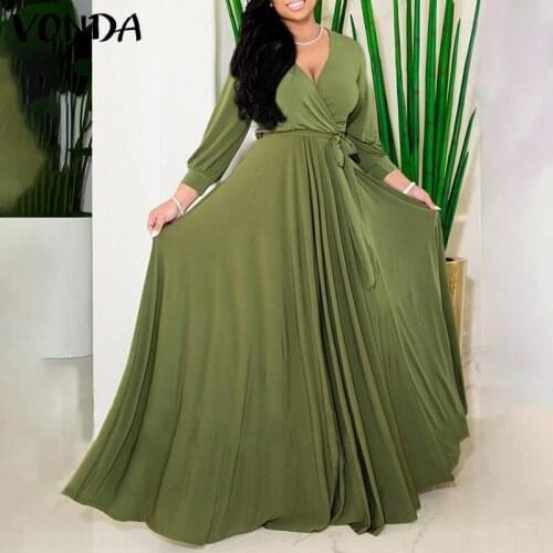 VONDA Women Elegant Party Dress 3 Colors Autumn Solid V Neck Pleated Dresses Casual Long Sleeve Long Maxi Robe Femme Vestidos