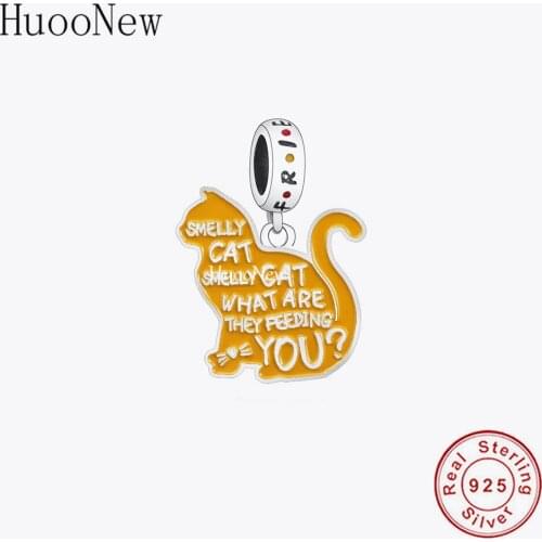 Smelly Cat Dangle Charms Fit Bracelet Necklace 925 Sterling Silver Yellow Aniaml Bead Jewellery Gift for Mum Wife Girlfriend