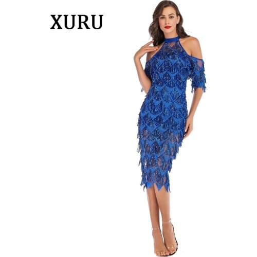 XURU new sexy nightclub sequin dress club tassel dress sexy party hanging neck dress blue apricot color womens clothing