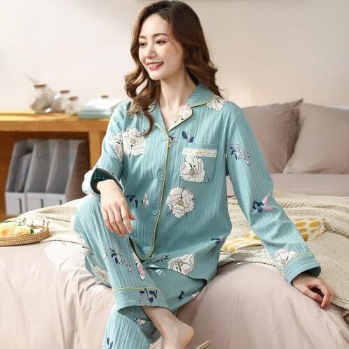 Womens Suit Cotton Floral Pajamas Set Long Sleeve Trouser Suits Button-Down Sleepwear Loungewear Shorts Female Pyjamas Mujer