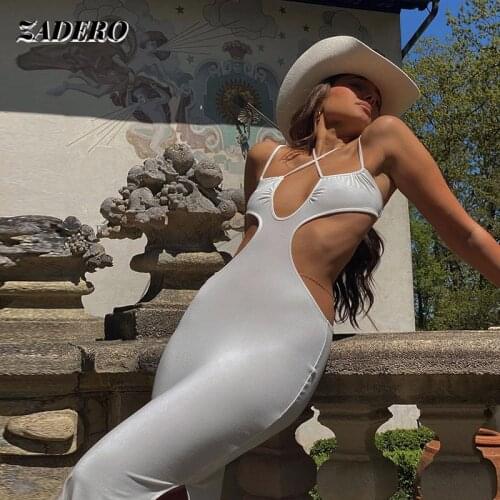 Sexy Hollow Backless Fashion White Cross Sling Dress Women Slim Sleeveless Halter Split Long Dress Beach Party Clubwear Summer
