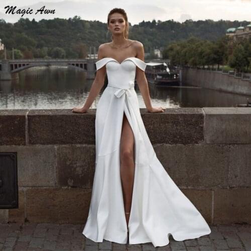 Magic Awn Modest Off The Shoulder Boho Wedding Dresses Side Split Bow Sash Simple Mariage Gowns With Pockets Vestidos Blanco