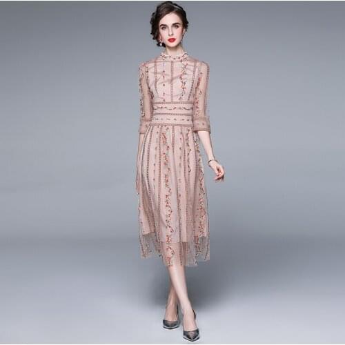 Womens 3/4 Sleeve Pink Mesh Lace Striped Flower Embroidery Evening Party Vestidos Autumn Runway Vintage Embroidered Dress 6716