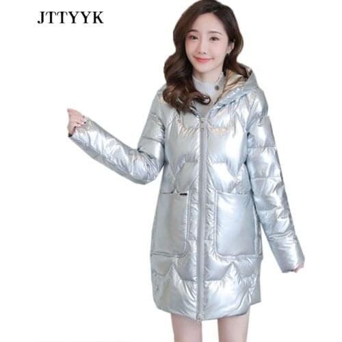 Medium length Women Coat Winter Hooded Parkas Down Jacket Fashion Warm Parka Glossy Zipper Loose Outerwear Solid waterproof Coat