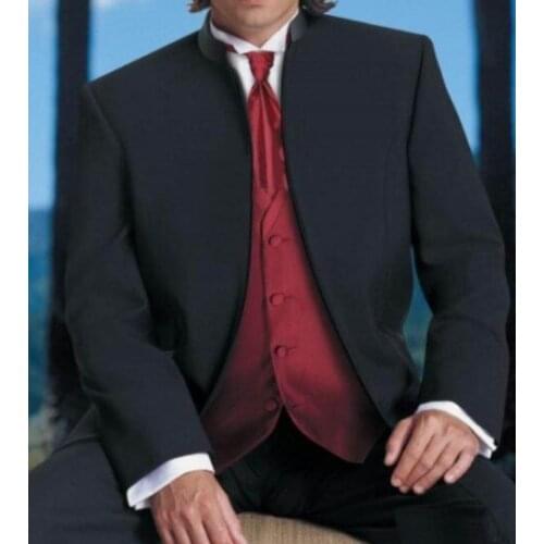 2016 Suits Groom Tuxedos Black Lapel Best Man Groomsmen Men Wedding Suits With Red Vest Prom/Formal/Bridegroom