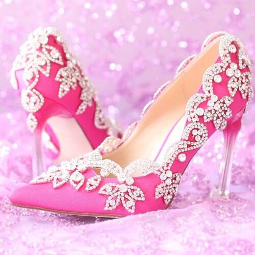 2018 Gorgeous Elegant Fuchsia Color Prom Dress Shoes Banquet Pumps Lovely Pointed Toe Satin Wedding Shoes Rhienston