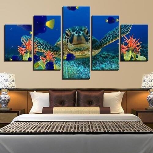5 Pieces Wall Art Canvas Painting Deep Sea Turtles Animal Poster Decorative Pictures Modern Abstract Frame For Kids