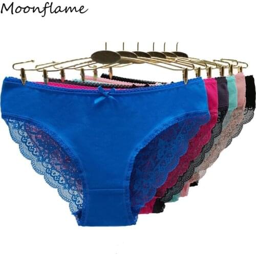 Moonflame 5 pcs/lots Women Low Rise Solid Color Cotton Sexy Lace Briefs Underwear M L XL 89458
