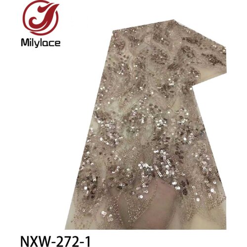 African Sequins Lace Fabric with Beads Embroidered Lace Fabric Nigerian Tulle Mesh Lace Fabric for Sewing NXW-272