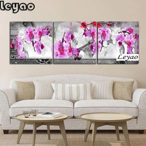 Diy 5d Diamond Painting Cross Stitch Pink White Orchid 5D Diamond Embroidery Mosaic Flowers full Square Round Drill triptych