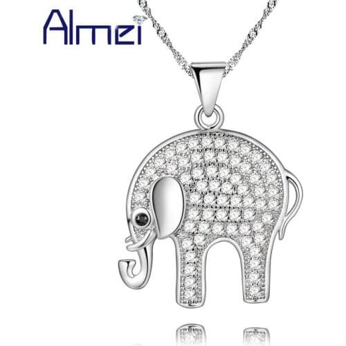 Almei 15%Off Silver Elephant Pendant Women Crystal Stone Necklaces Jewelry Cute Rhinestone Collier Femme 2017 Bijouterie PN4315