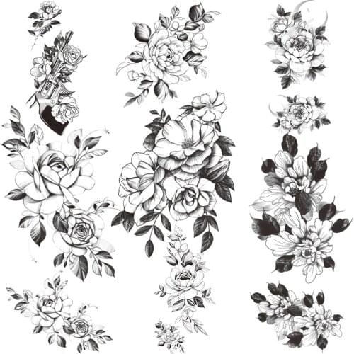 Black Camellia Fake Temporary Tattoos For Women Girls Daisy Sweat Pea Flower Tattoo Sticker Lily Jasmine Waterproof Tatoos Hands
