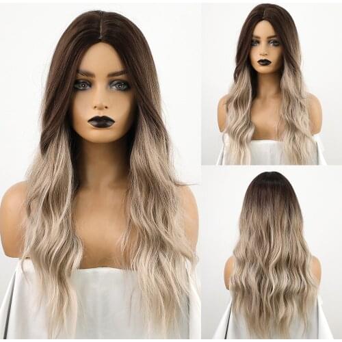 Long Wave Ombre Black Brown Highlight Blonde Synthetic Wigs Cosplay Middle Part Natural Wig for Women Heat Resistant Fiber