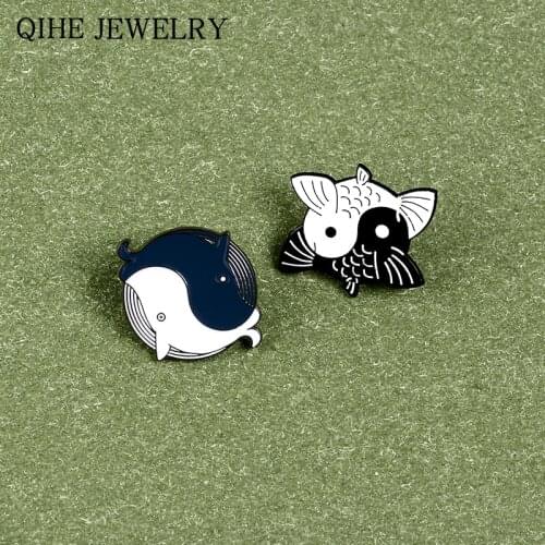 Yin Yang Koi Carp Whale Enamel Pin Black Fish Animal Balance Brooches Lapel Pin Backpack Clothes Badge Gift for Women Men
