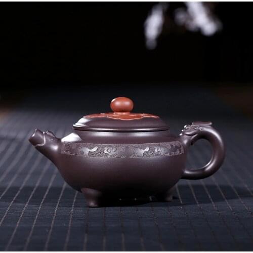Yixing purple clay pot genuine hand-made raw ore old Purple mud tripod dragon pot Kungfu Teapot Tea Set 230 ml