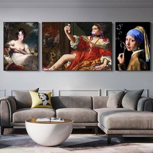 Spoof Classic Painting Blowing Bubbles and Playing with Mobile Phones Madame Grand Louise Art Canvas Poster Room Decor Aesthetic