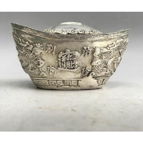 Collectibles old China Tibet silver handmade carved yuanbao lucky statue