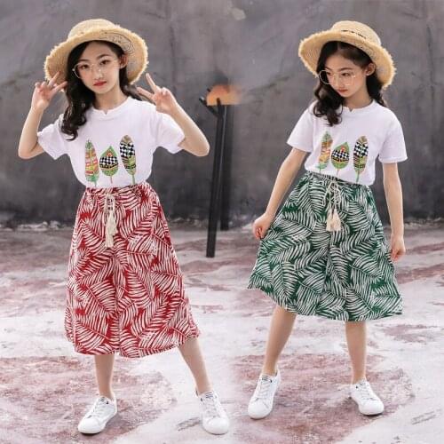 Summer Girls Clothing Sets Leaf Design Pattern Casual Suit For Girl Shirt + Pants 2 Pcs Clothes Set Kids Birthday Present