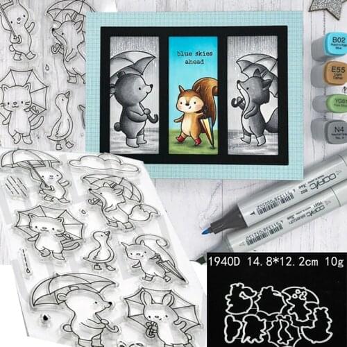 Bear Bunny Umbrella Stamp and Metal Cutting Dies DIY Scrapbooking for Photo Album Decorative Clear Stamps