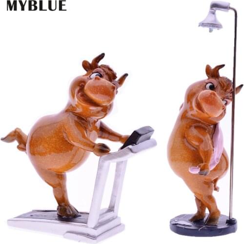 MYBLUE Kawaii 2021 Bull Resin Cow Running Take Shower Zodiac Cattle Figurine Nordic Home Room Decoration Accessories Modern