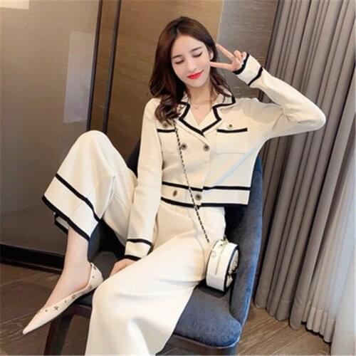 Fashion Contrast Stripe Trims Lapel Cardigan Pocket Top+High-Waisted Ankle-length Pants Knitting 2-Piece Suit Female Sports Set