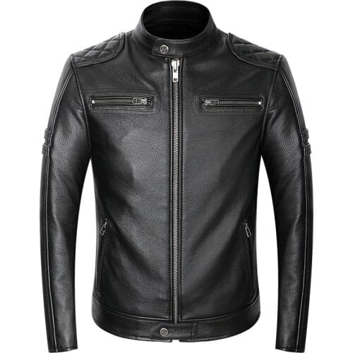 BONJEAN Motorcycle Biker Leather Jackets Mens Genuine Leather Cowhide Coat Slim Fit Short Style Motorcyclist Real Leather Jacket
