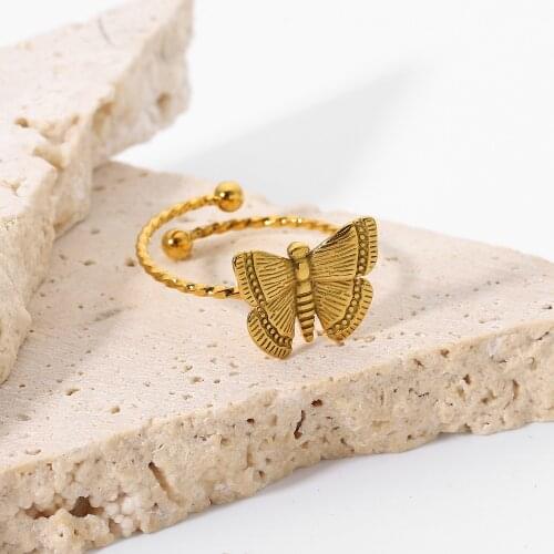 Cheap Resizable Butterfly Open Rings Jewelry Gold Plated Animal Twisted Stainless Steel Rings For Fashionable Girls Women
