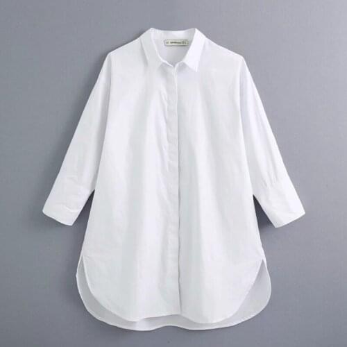 New 2021 women simply style buttons decoration casual white poplin blouse office lady side split shirts chic blusas tops