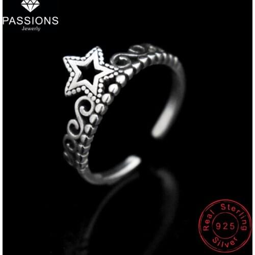New Street Style Vintage Star Crown Rings Antique 925 Sterling Silver Open Resizable Ring Women Fashion Jewelry Personality Gift
