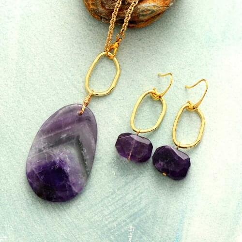 Natural Stone Necklace Earring Set Amethysts Gold Tone Jewelry Sets Unique Gems Bold Elegant Teengirls Jewelry