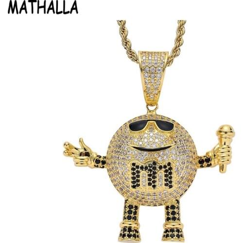 MATHALLA Cartoon Character M Bean Pendants Necklace Hip Hop Micro Paved AAA CZ Stone Bling Iced Out Microphone Rapper Jewelry