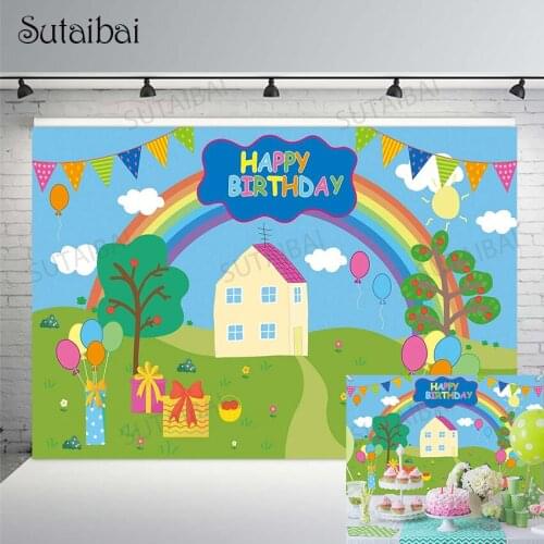 Child Baby Shower Pig House Backdrop Spring Tree Rainbow Balloon Blue Banner Vinyl Background Photography Photozone Photocall