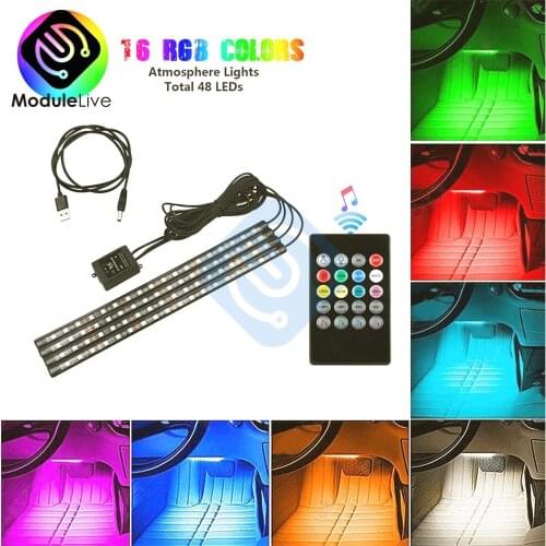 Auto Interni 4pcs 48 LED Remote Control Sound Lighter Colorful RGB Interior Floor Light Strip Light For Atmosphere DC 12V