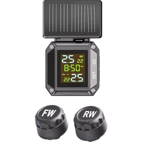 IP68 Waterproof Motorcycle Tire Pressure Monitoring Alarm System Wireless Motorcycle TPMS Solar Powered with 2 External Sensors