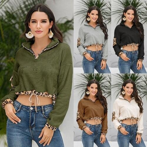 Warm Plush Hoodies Women Autumn Crop Tops Casual Fleece Lapel Zipper Leopard Patchwork Drawstring Pullovers Female Short Hoodies