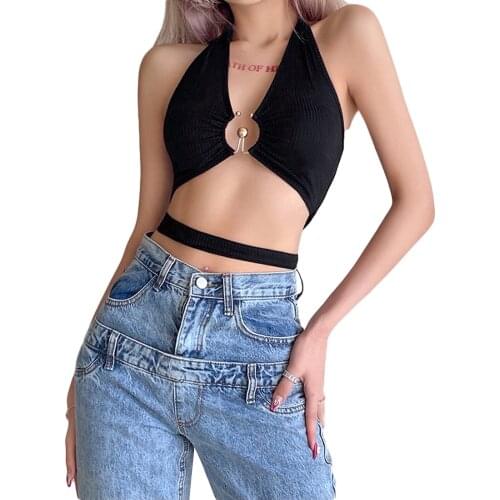 Women’s Tube Top Fashion Solid Color Vest Sexy Clothes Hollow Bandage Exposed Halter Summer Camisole Crop Top Womens T-shirt