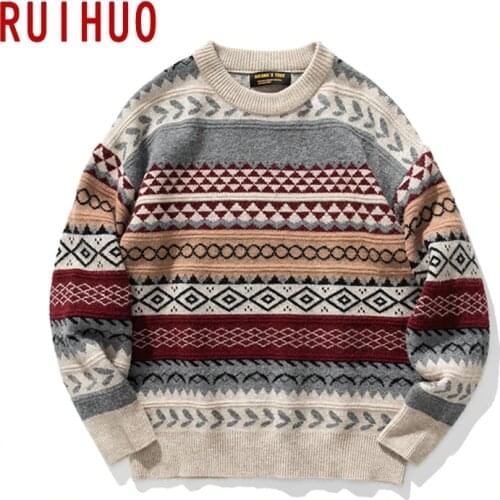 RUIHUO Knitted Striped Vintage Sweater Men Clothes Pullover Men Sweater Casual Mens Sweater Knit M-2XL 2021 Spring New Arrival
