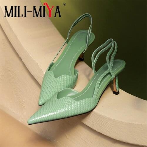 MILI-MIYA Fashion Pointed Toe Women Genuine Leather Pumps Thin Heels Solid Color Slip On Dress Party Sling Back Shoes Size 34-40