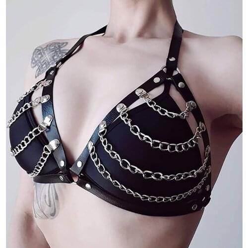 UYEE Gothic Bondage Body Harness Chain Sexy Garter Belt Stockings Chest Harness Womens Suspenders Leather Harness bra