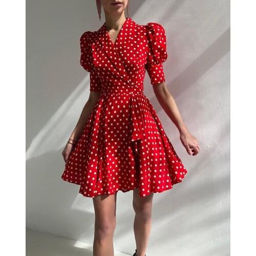 Vintage pin up red dress 2021,Summer mori girl cute puff sleeve v neck ruffle polka dot print swing short dress,robe femme chic