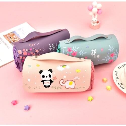 Cherry blossoms portable pencil case PU leather pencil cases girl cute pencil bag kawaii pen case gifts for children big handbag